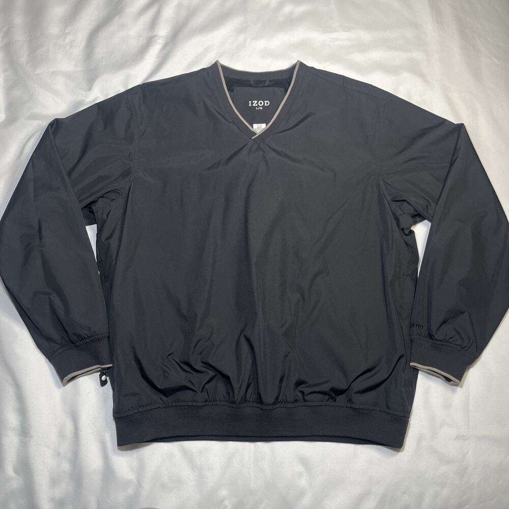 Vintage Izod Mens V-Neck Windbreaker Size L Black Pullover Pockets Golf y2k